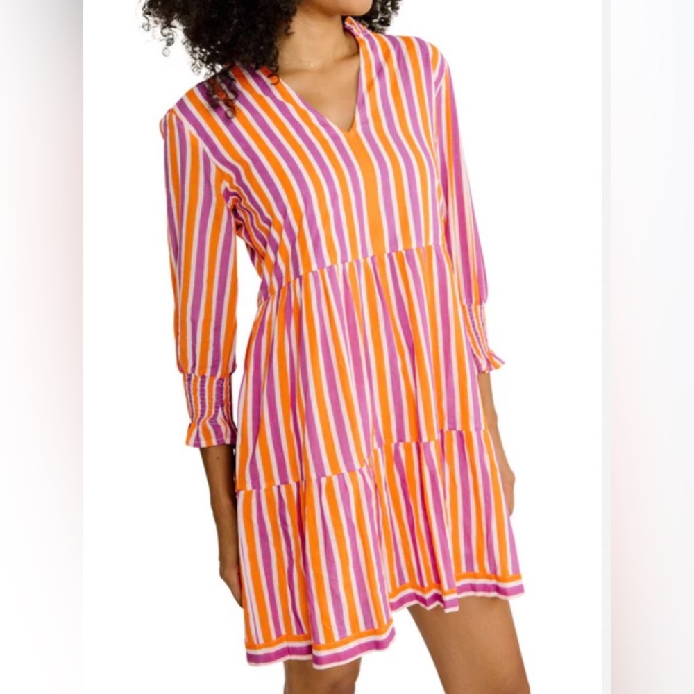 Charlee Alexis Tiered‎ Pink Orange Striped 3/4 Sleeve Cotton Mini Dress Size L